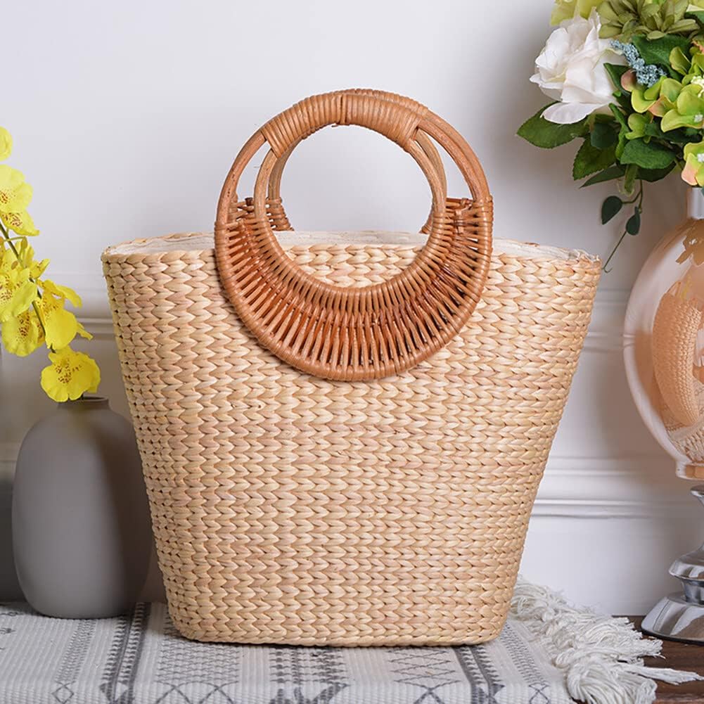 Women Straw Bag Large Woven Bag Round Handle Ring Tote Purse Retro Handbags Summer Beach Handbag - Image 2