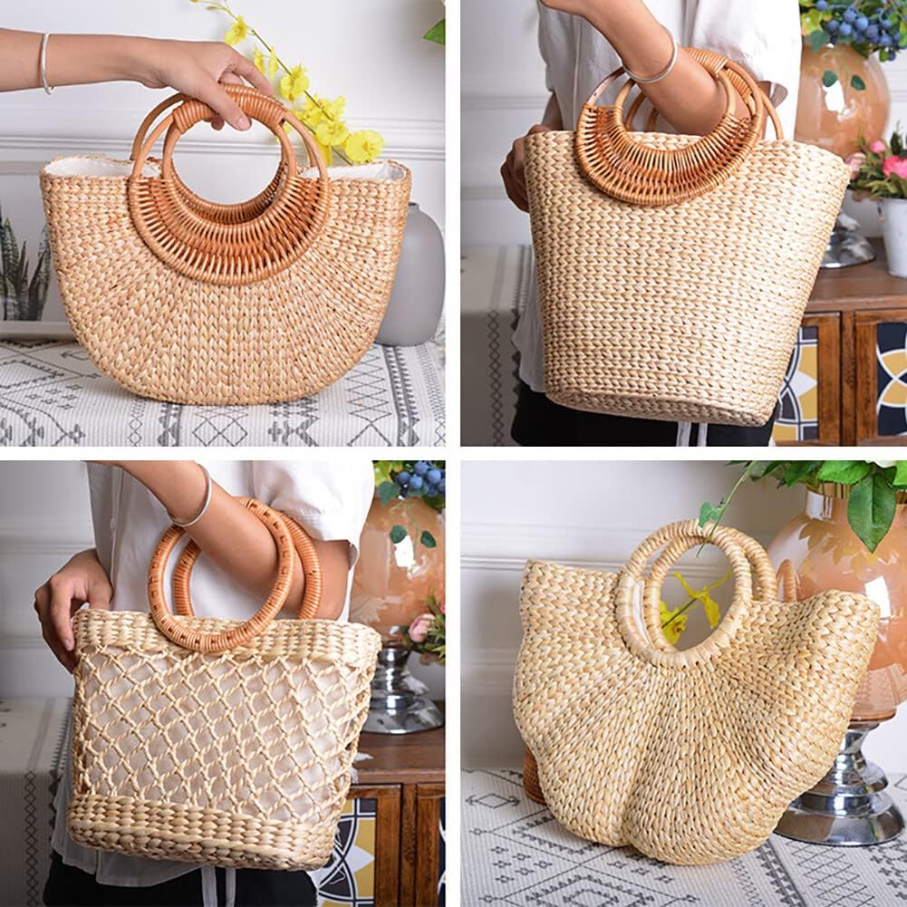 Women Straw Bag Large Woven Bag Round Handle Ring Tote Purse Retro Handbags Summer Beach Handbag - Image 5