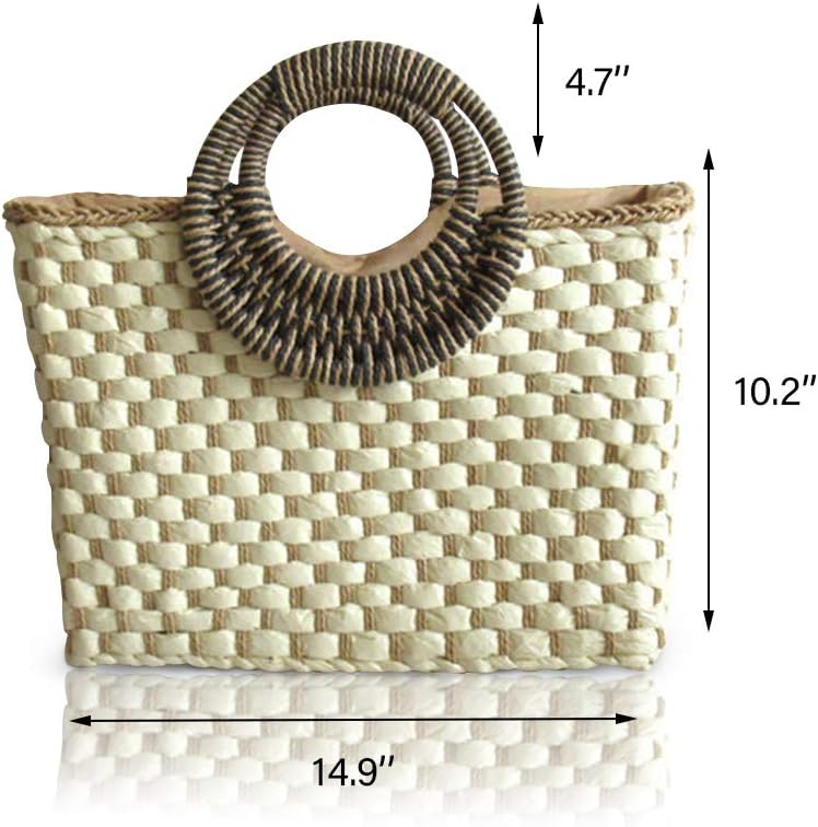 Women Summer Retro Straw Bag with Zip Hand-woven Beach Handbag Top Round Handle Boho Tote Bag Shopping and Travel Large Bag (Beige) - Image 2